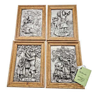 4 VTG Heinrich Relief Pewter Wall Art Wood Framed 4 Seasons German Made 8" Tall